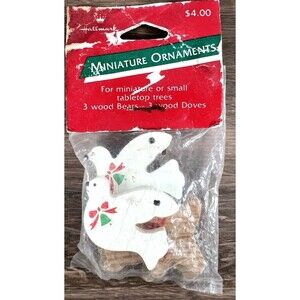 Hallmark Miniature Christmas Ornaments Wooden Bear & Doves 6ct 1988 New